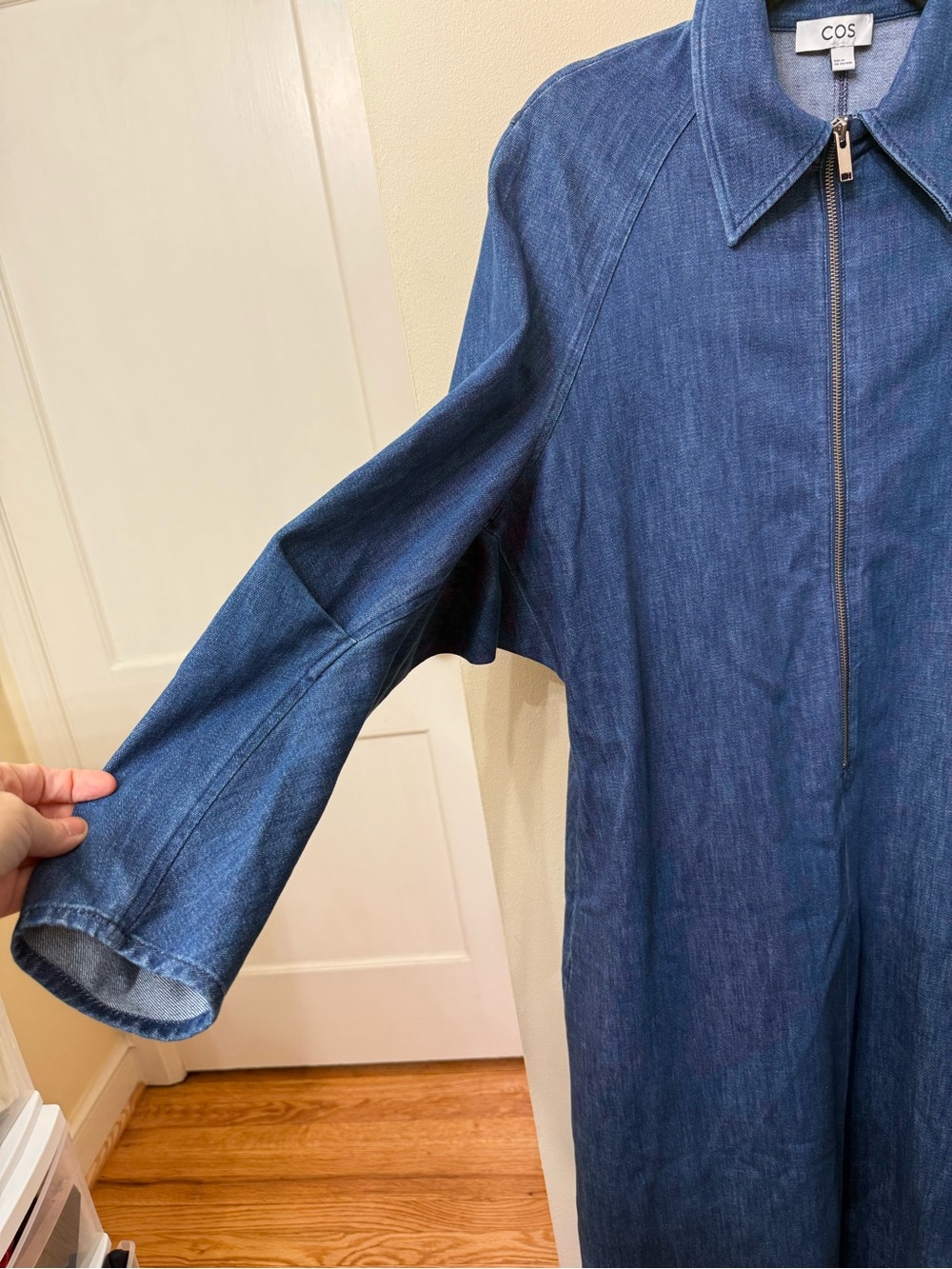 COS L Denim Zip Up Midi Dress Back Pleats Structural Architectural Modern Collar - Picture 7 of 13